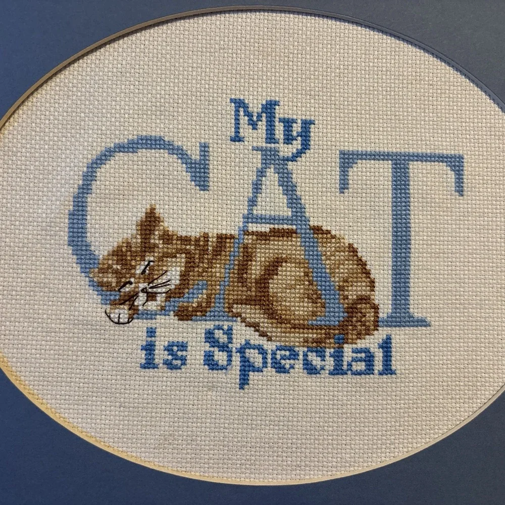 Vtg Hand Embroidered‎ My Cat Is Special Framed Wall Hanging White Elephant Gift
